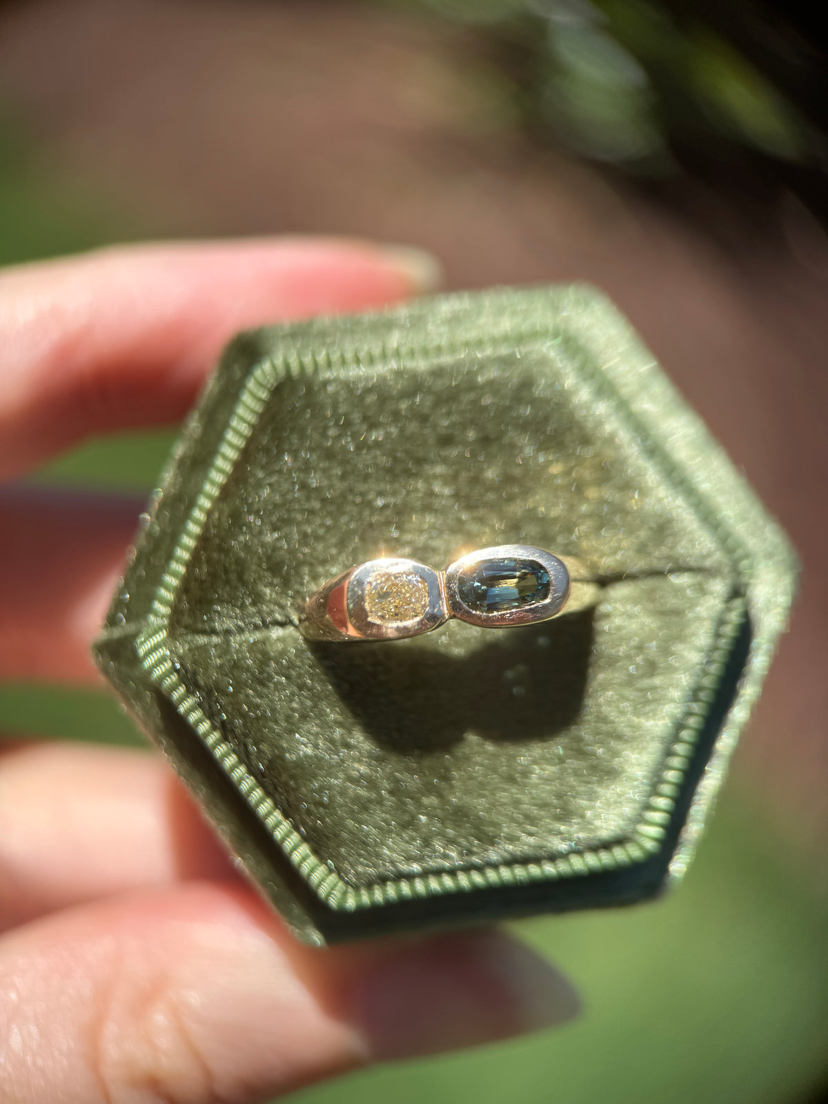 Toi et moi: Bi-color sapphire and diamond ring (size 7.25)