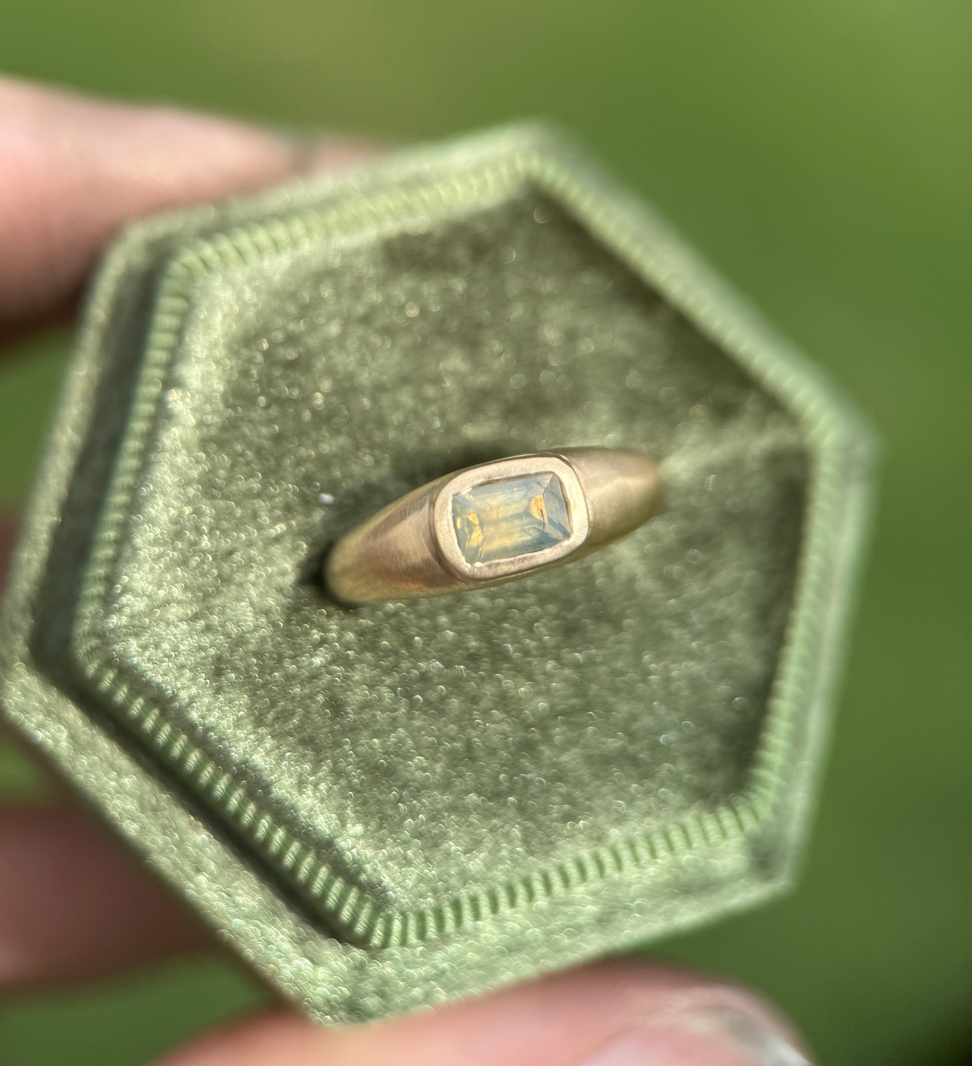 Green opalescent sapphire signet (size 5.25)
